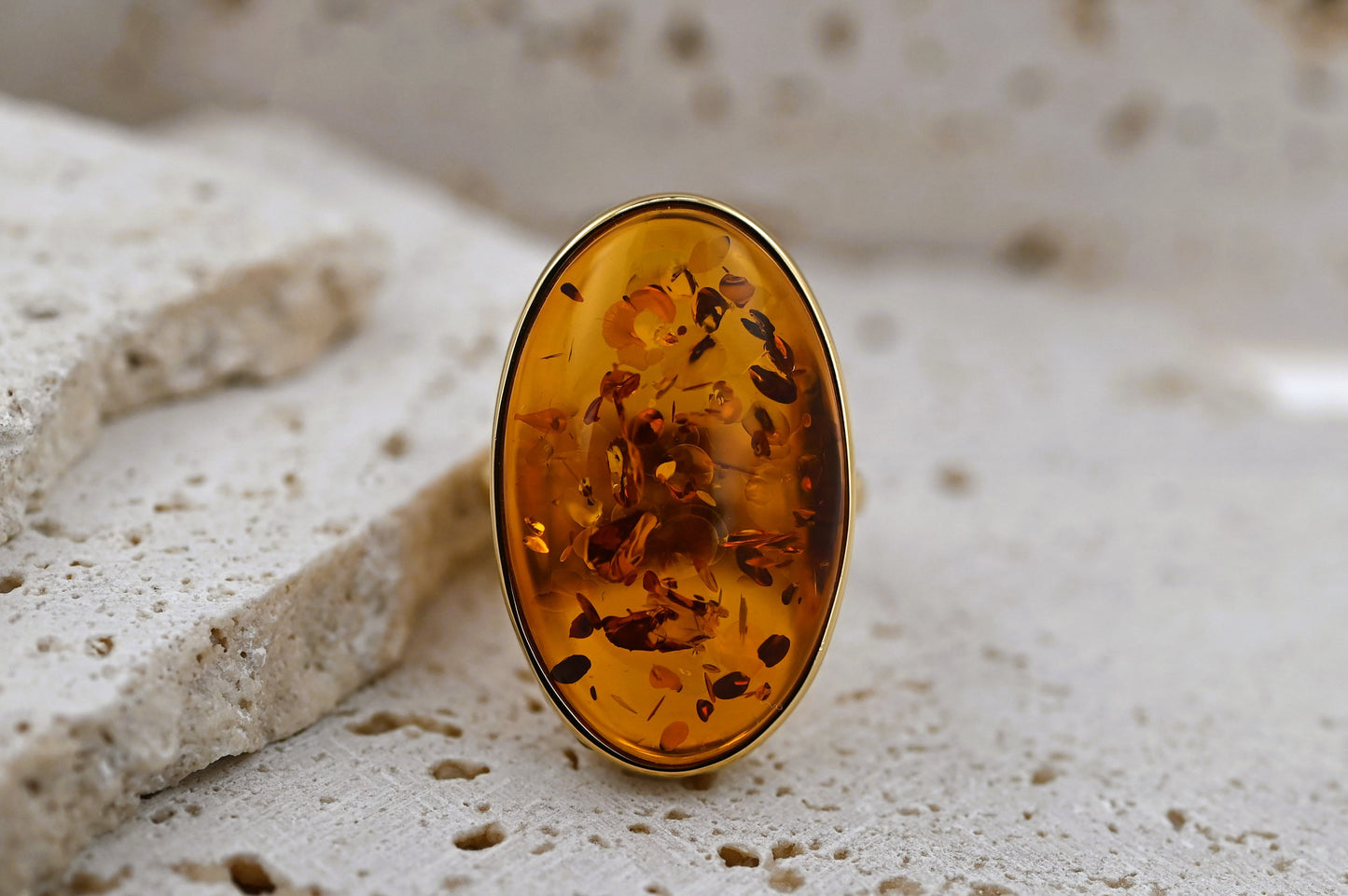 Oval Amber Ring, Cognac, Gold Plated Silver