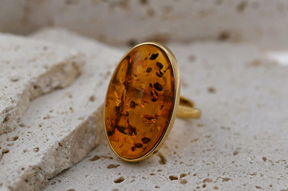 Oval Amber Ring, Cognac, Gold Plated Silver