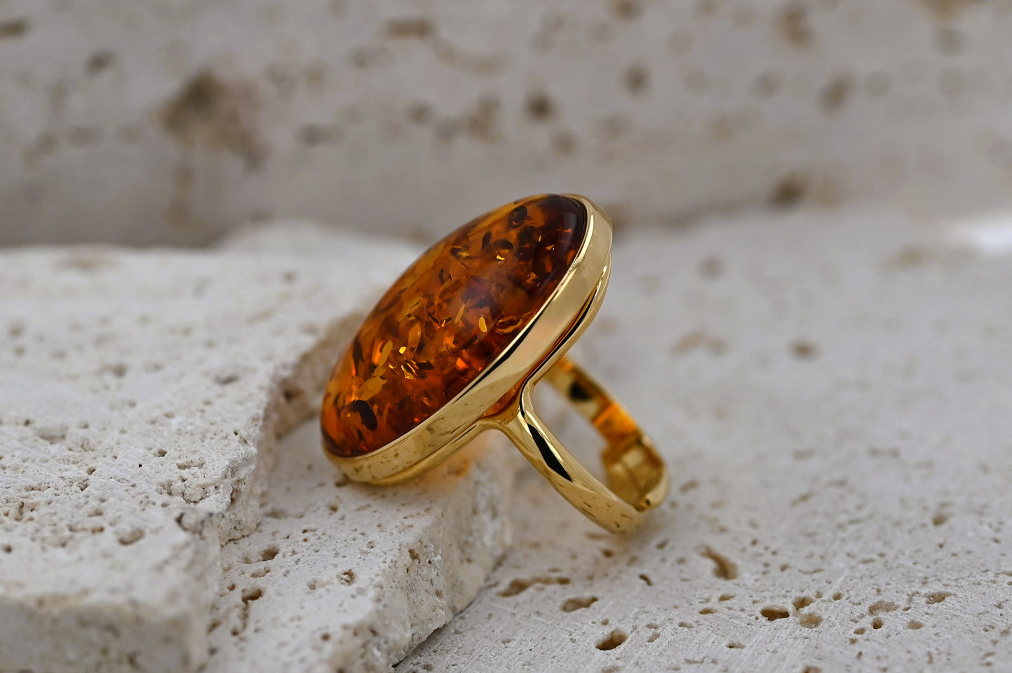 Oval Amber Ring, Cognac, Gold Plated Silver