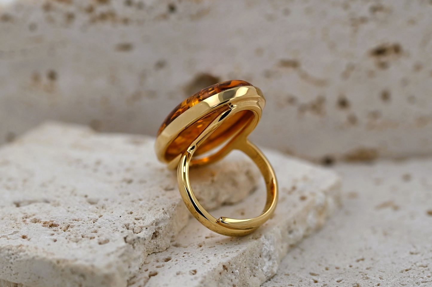 Oval Amber Ring, Cognac, Gold Plated Silver