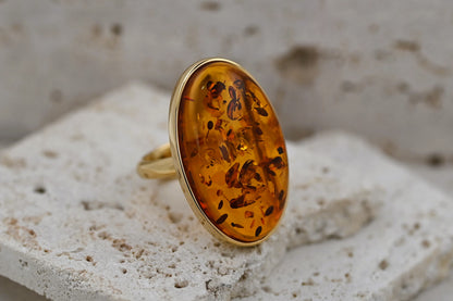 Oval Amber Ring, Cognac, Gold Plated Silver