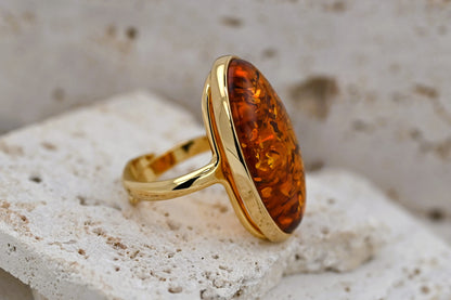 Oval Amber Ring, Cognac, Gold Plated Silver