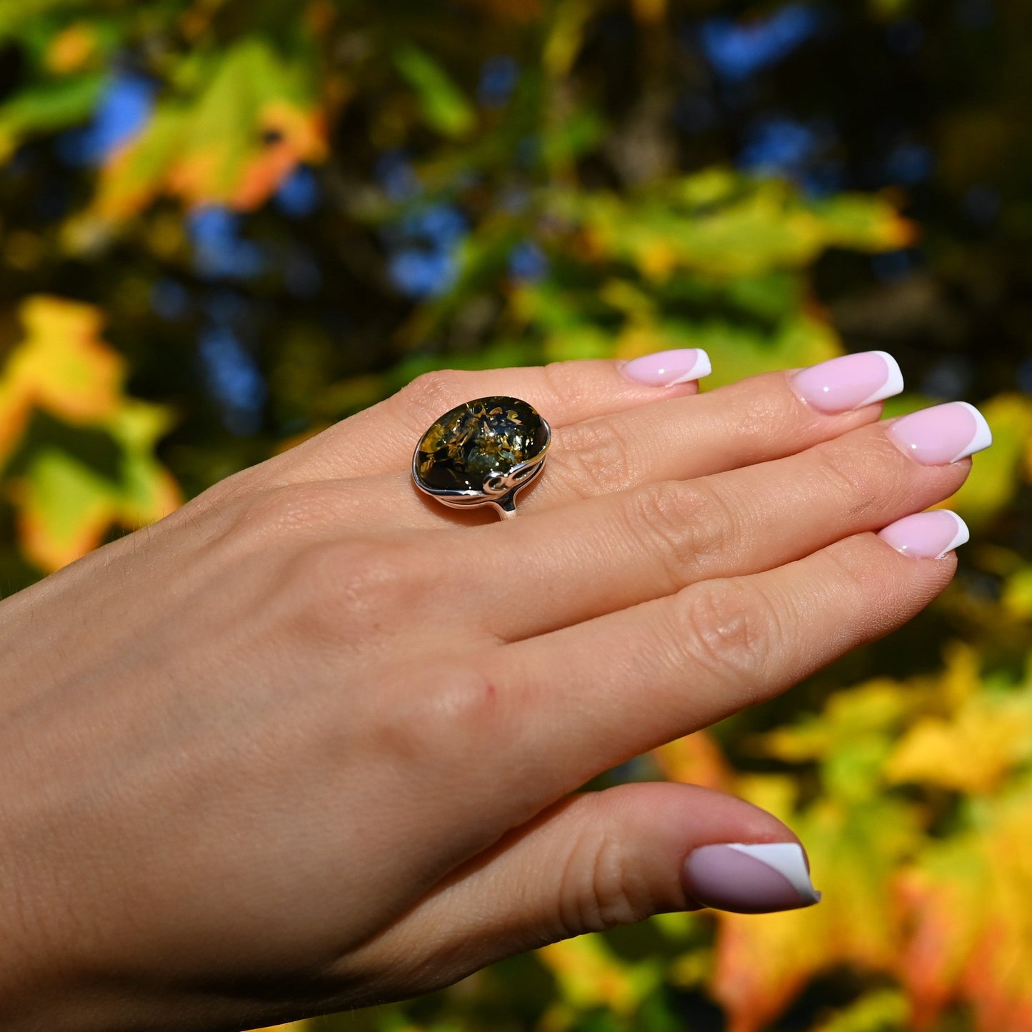 Pierścionek Bursztynowa Harmonia, Zielony, Srebro 925