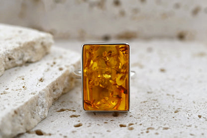 Rectangular Ring Amber, Cognac, Silver 925