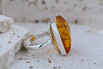 Rectangular Ring Amber, Cognac, Silver 925