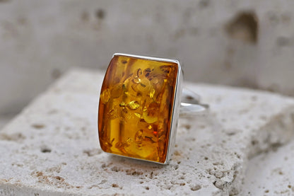 Rectangular Ring Amber, Cognac, Silver 925