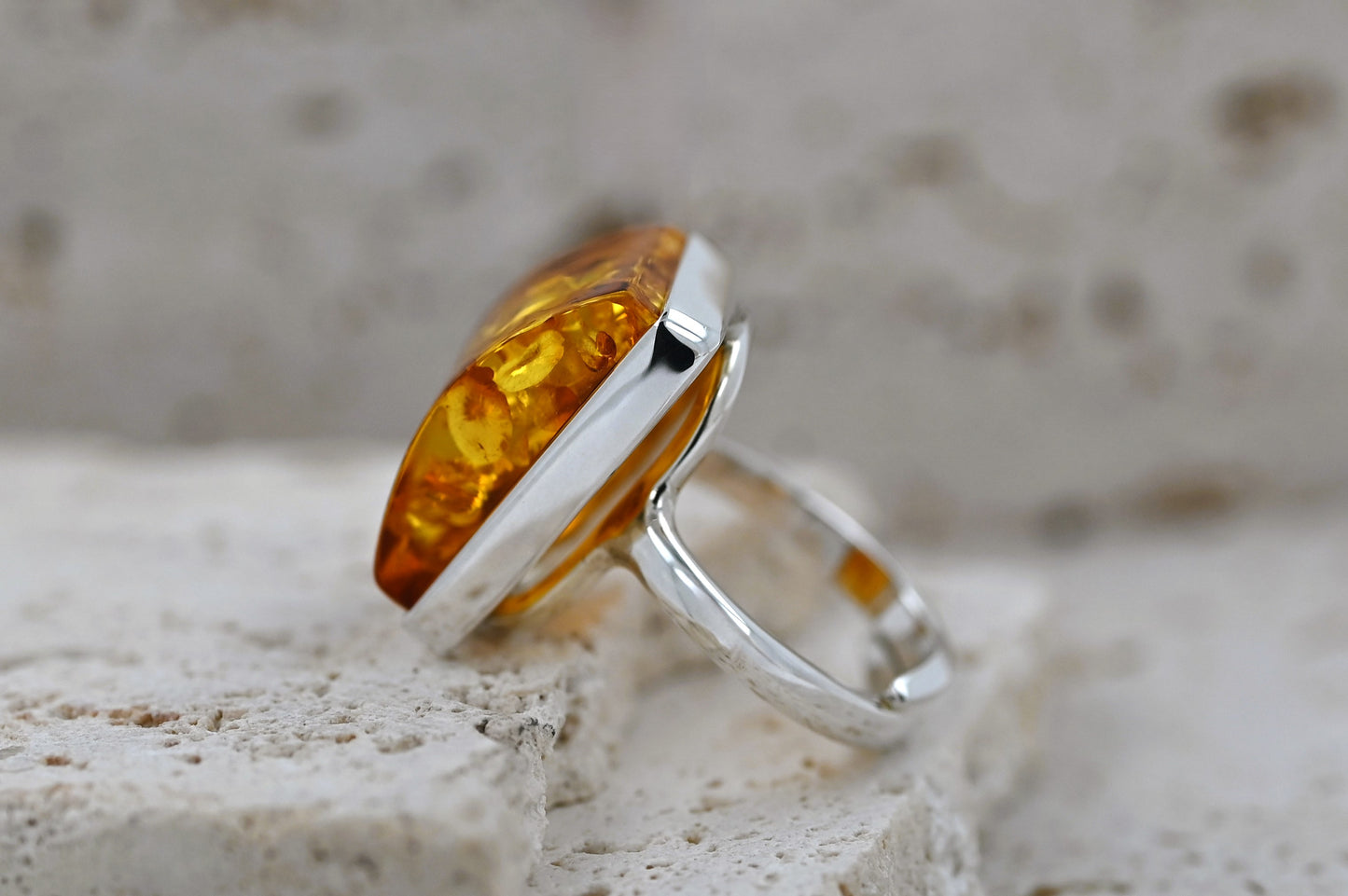 Rectangular Ring Amber, Cognac, Silver 925