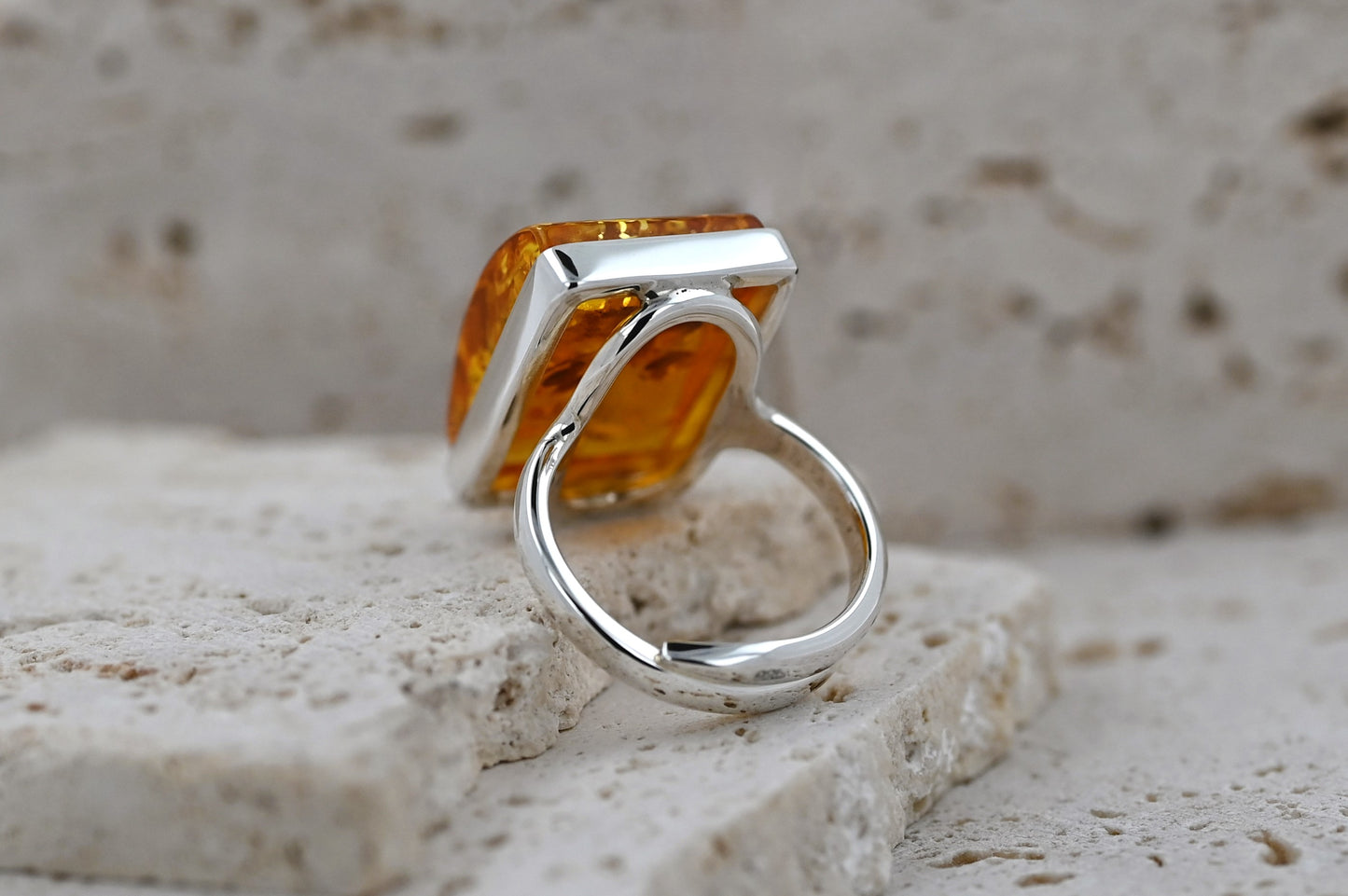 Rectangular Ring Amber, Cognac, Silver 925