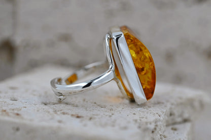 Rectangular Ring Amber, Cognac, Silver 925