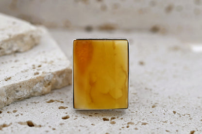 Rectangular Ring Amber, Yellow, Caramel, Silver 925, Unique