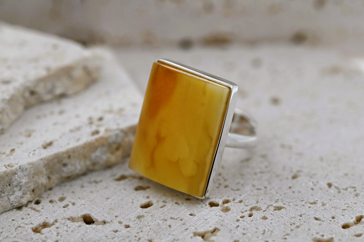 Rectangular Ring Amber, Yellow, Caramel, Silver 925, Unique