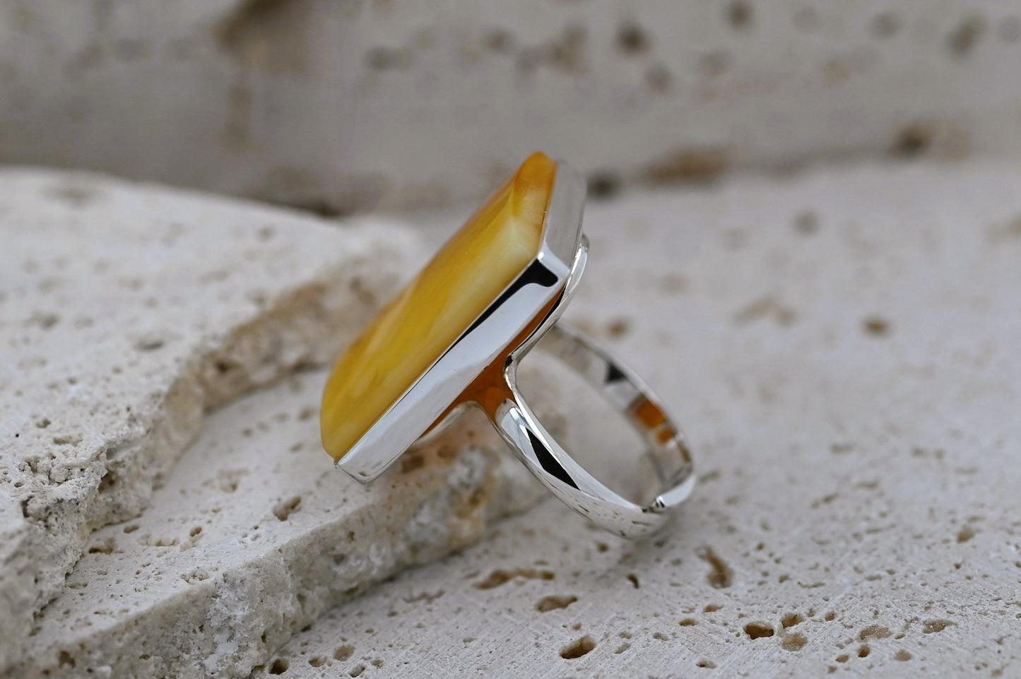 Rectangular Ring Amber, Yellow, Caramel, Silver 925, Unique