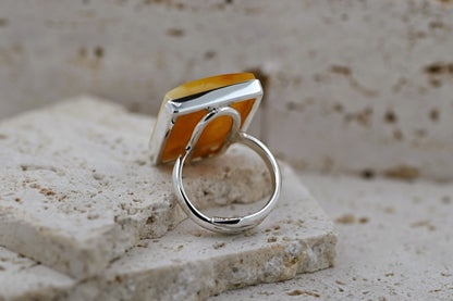 Rectangular Ring Amber, Yellow, Caramel, Silver 925, Unique