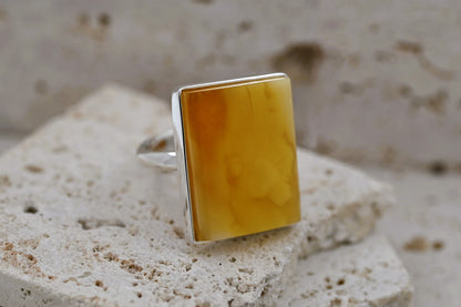 Rectangular Ring Amber, Yellow, Caramel, Silver 925, Unique