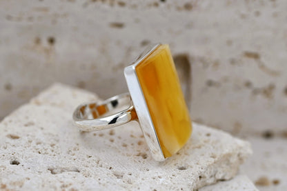 Rectangular Ring Amber, Yellow, Caramel, Silver 925, Unique