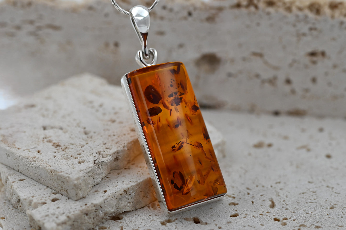 Rectangular Amber Pendant, Cognac, 925 Silver