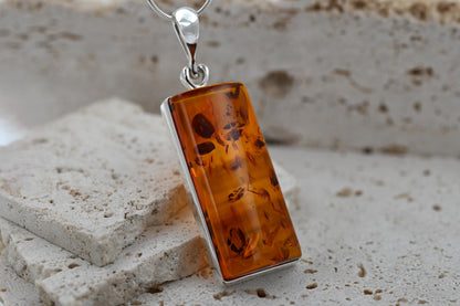 Rectangular Amber Pendant, Cognac, 925 Silver