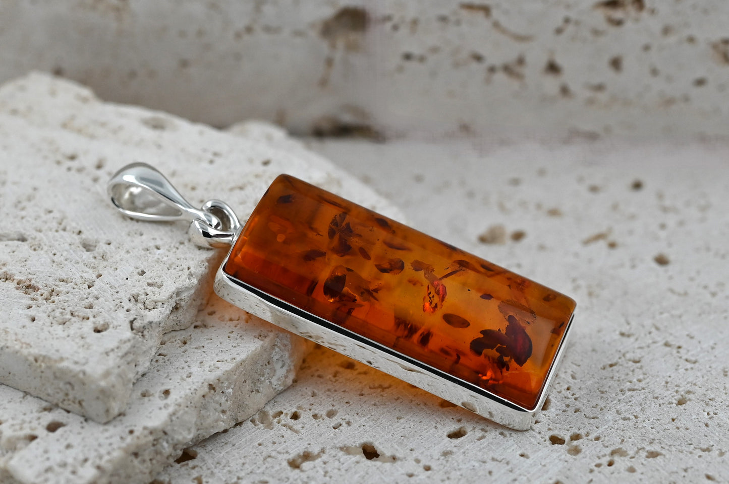 Rectangular Amber Pendant, Cognac, 925 Silver