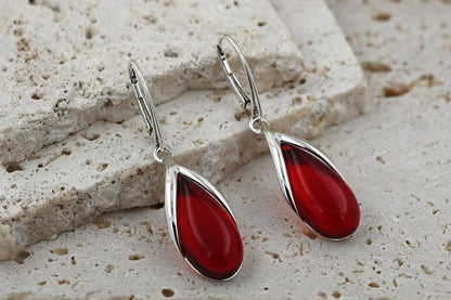 Kolczyki Bursztynowa Kropla, Czerwony, Pozłacane srebro