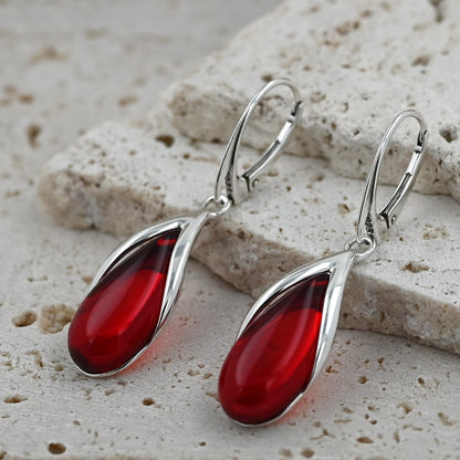 Kolczyki Bursztynowa Kropla, Czerwony, Pozłacane srebro
