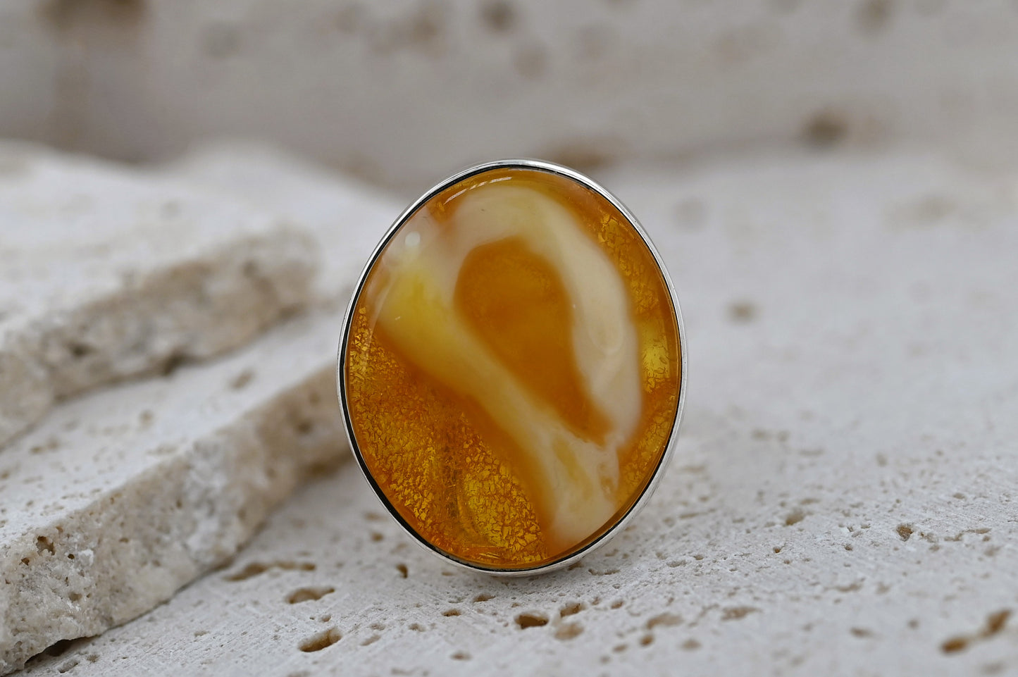 Amber Mosaic Ring, Caramel, Milky, Silver 925