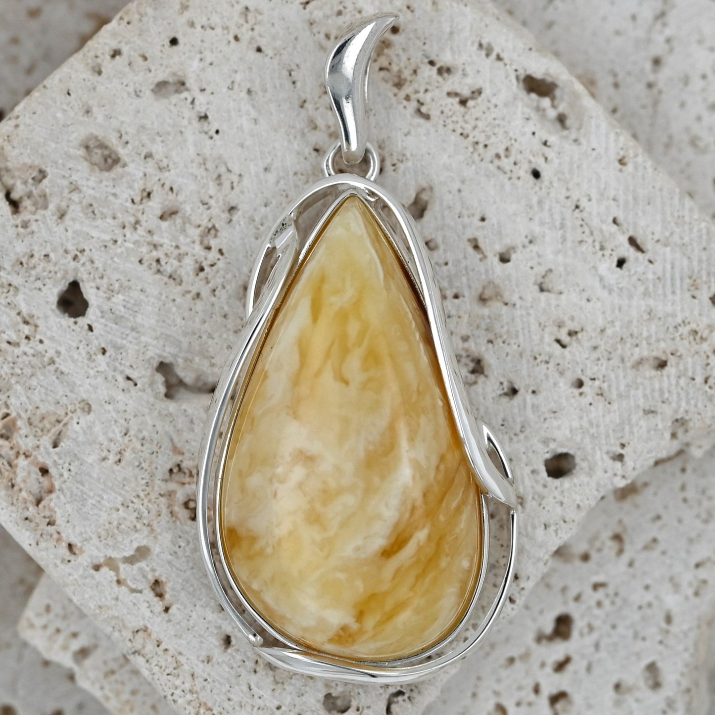 Unique Natural Milky Amber Pendant, Silver 925