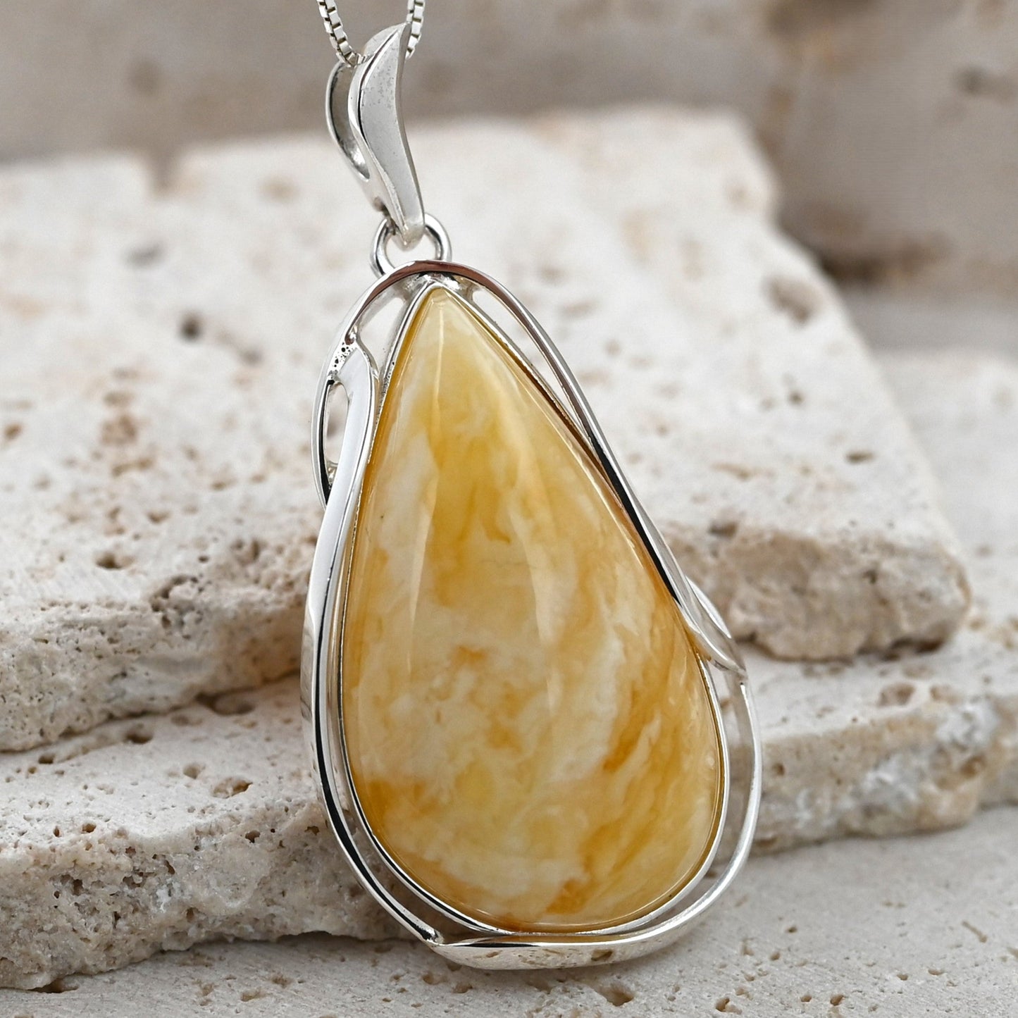 Unique Natural Milky Amber Pendant, Silver 925