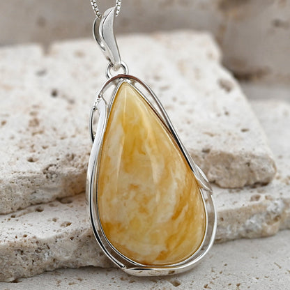 Unique Natural Milky Amber Pendant, Silver 925