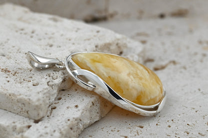 Unique Natural Milky Amber Pendant, Silver 925
