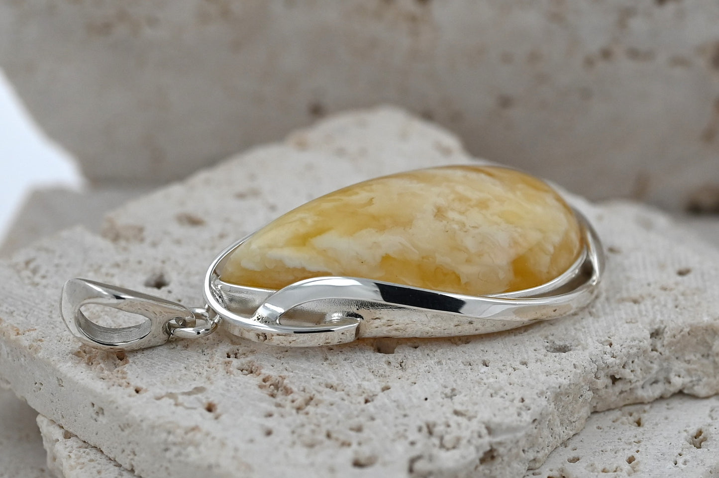 Unique Natural Milky Amber Pendant, Silver 925