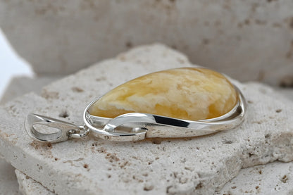 Unique Natural Milky Amber Pendant, Silver 925