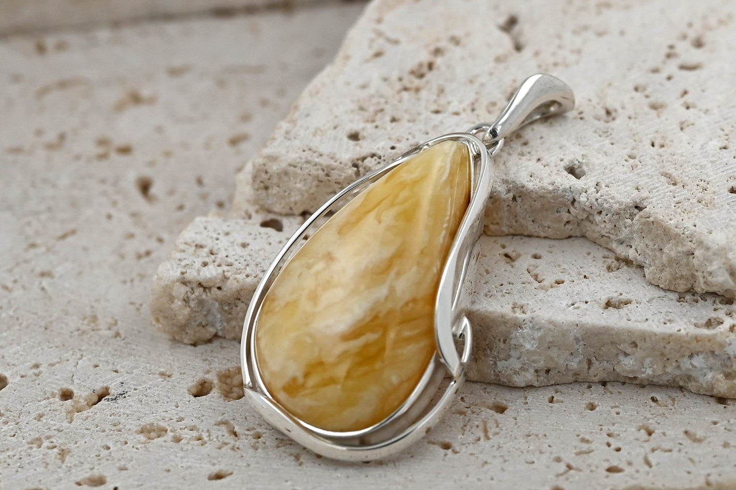 Unique Natural Milky Amber Pendant, Silver 925