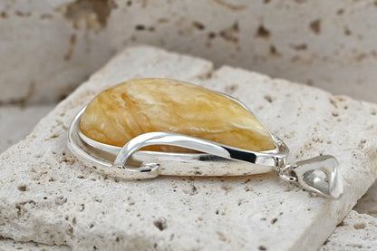 Unique Natural Milky Amber Pendant, Silver 925