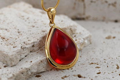 Amber Magic Pendant, Red, Gold Plated Silver