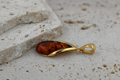 Amber Drop Pendant, Cognac, Gold-Plated Silver 925