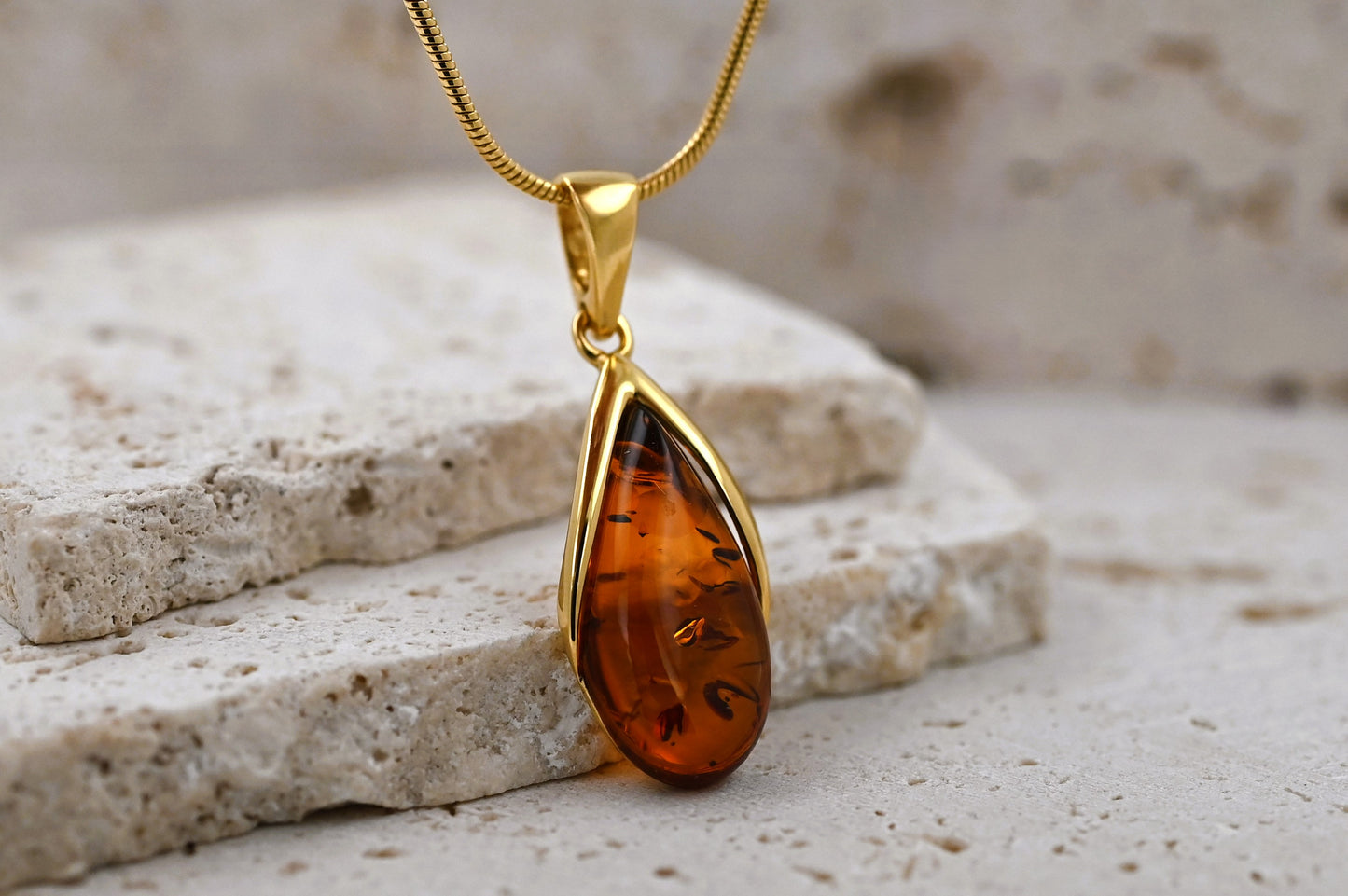 Amber Drop Pendant, Cognac, Gold-Plated Silver 925