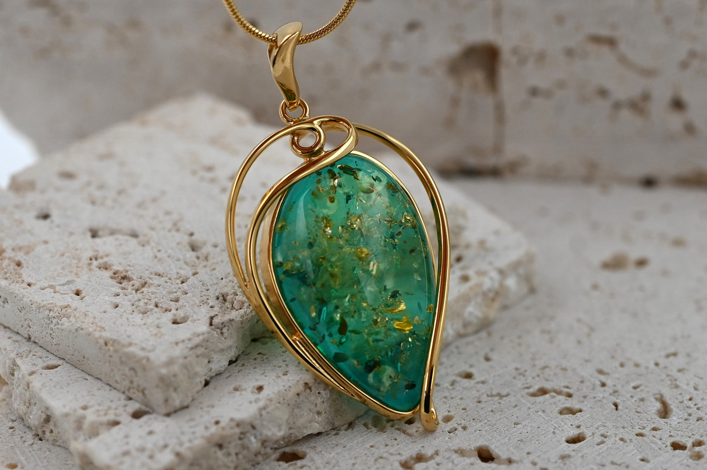 Amber Moon Pendant, Turquoise, Gold Plated Silver