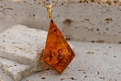 Amber Diamond Pendant, Cognac, Gold Plated Silver