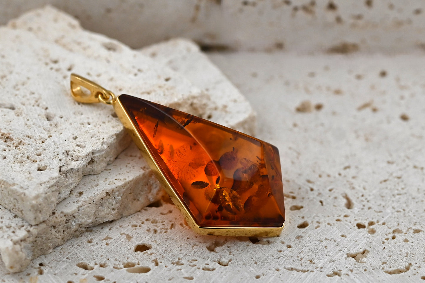 Amber Diamond Pendant, Cognac, Gold Plated Silver