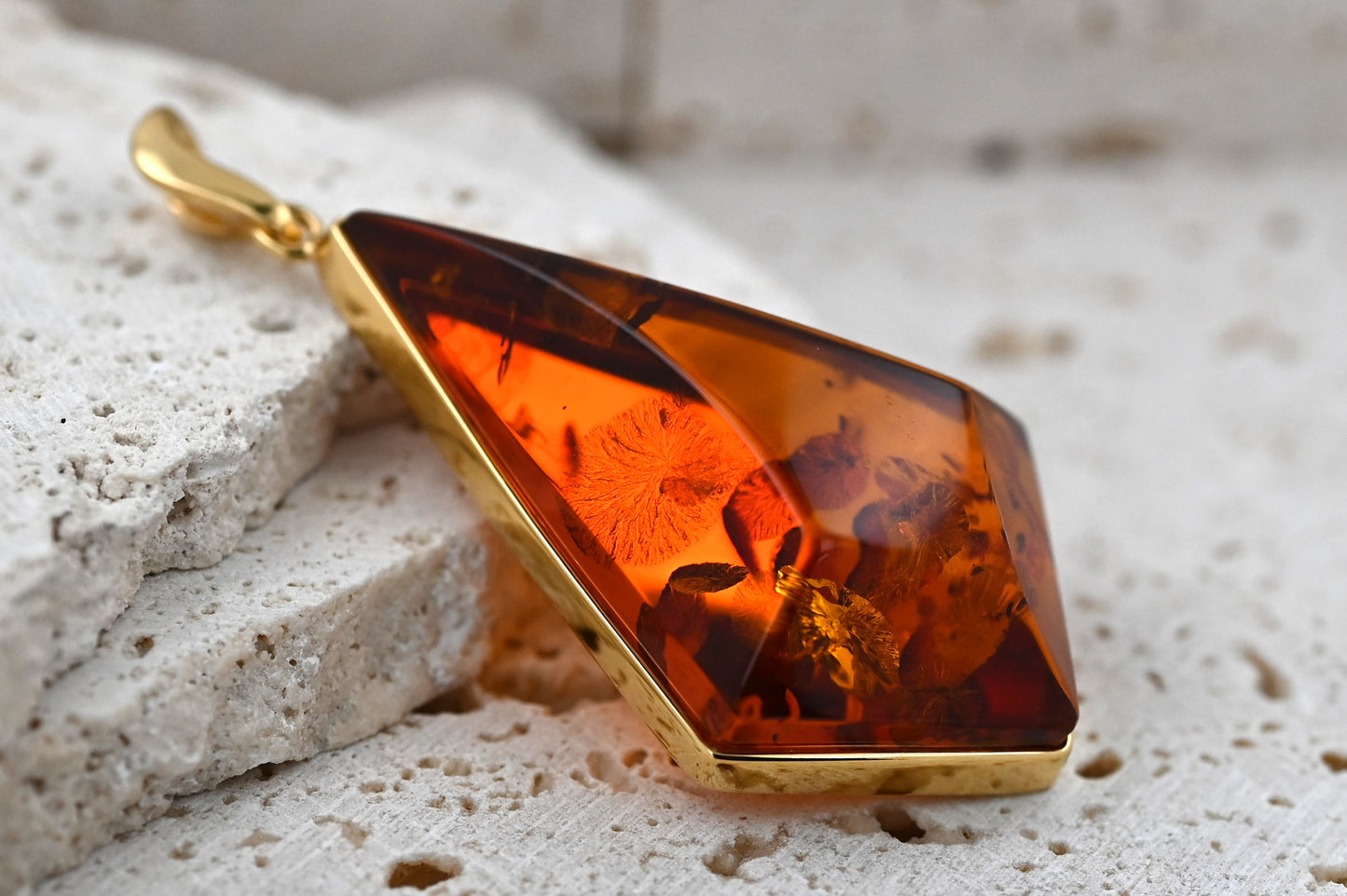 Amber Diamond Pendant, Cognac, Gold Plated Silver