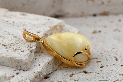 Pendant with Unique Milky Baltic Amber, Gold-Plated Silver