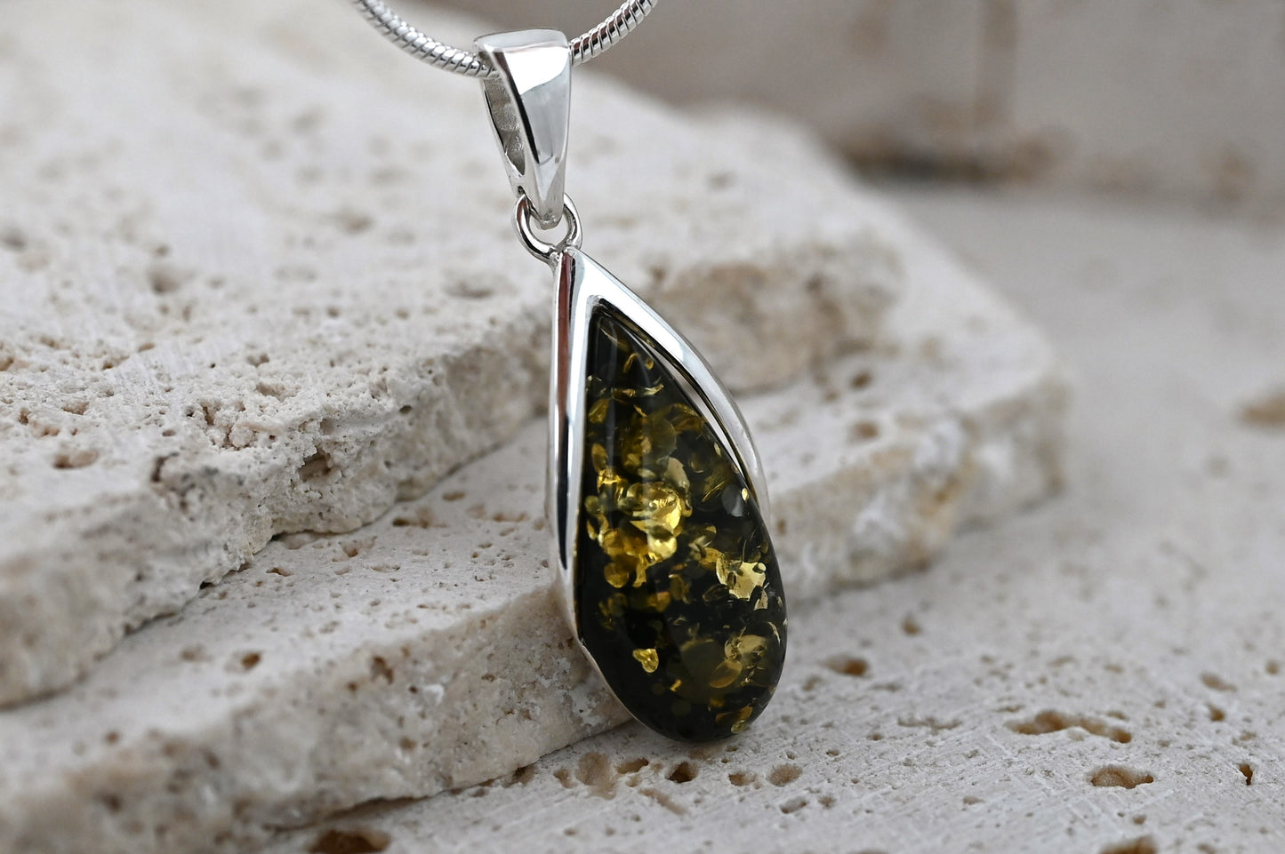 Amber Drop Pendant, Green, Silver 925