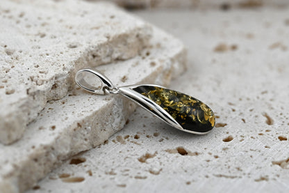 Amber Drop Pendant, Green, Silver 925