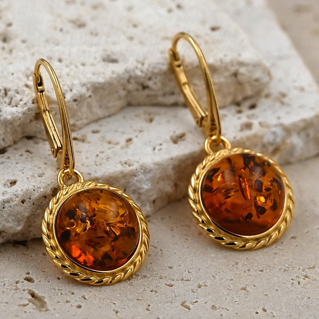 Kolczyki Bursztynowa Aureola, Koniak, Pozłacane srebro