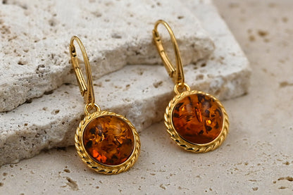 Kolczyki Bursztynowa Aureola, Koniak, Pozłacane srebro