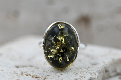 Pierścionek Bursztynowa Harmonia, Zielony, Srebro 925