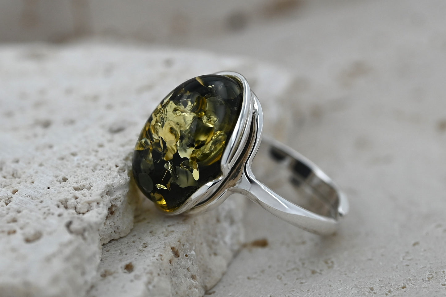 Pierścionek Bursztynowa Harmonia, Zielony, Srebro 925