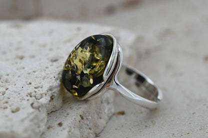 Pierścionek Bursztynowa Harmonia, Zielony, Srebro 925