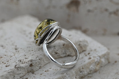 Pierścionek Bursztynowa Harmonia, Zielony, Srebro 925