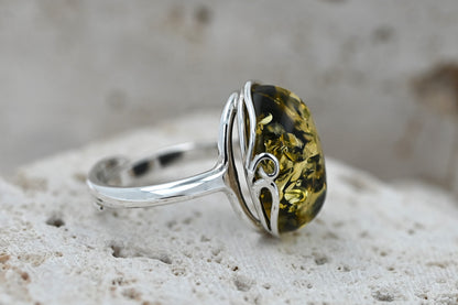Pierścionek Bursztynowa Harmonia, Zielony, Srebro 925